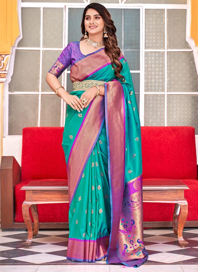 Paithani Silk Teal Traditional Wear Weaving Saree